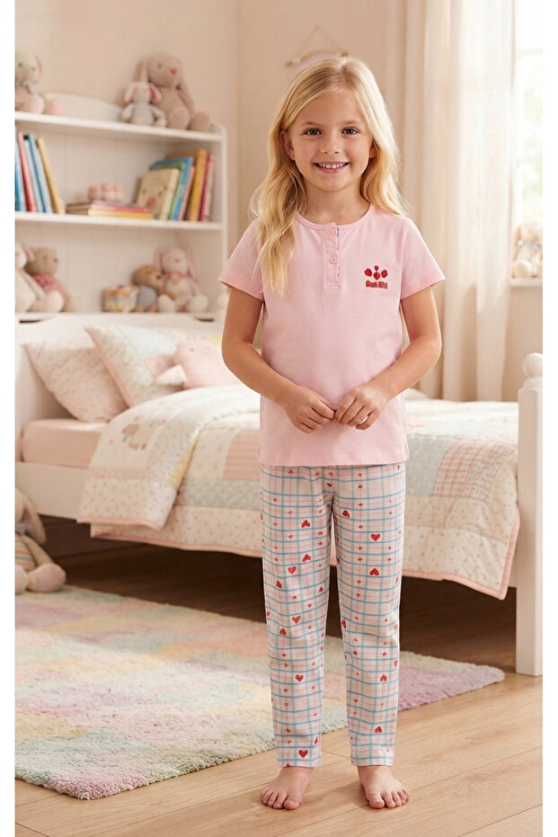 Girl's 100% Cotton Compact Combed Cotton Buttoned Crew Neck Pajama Set