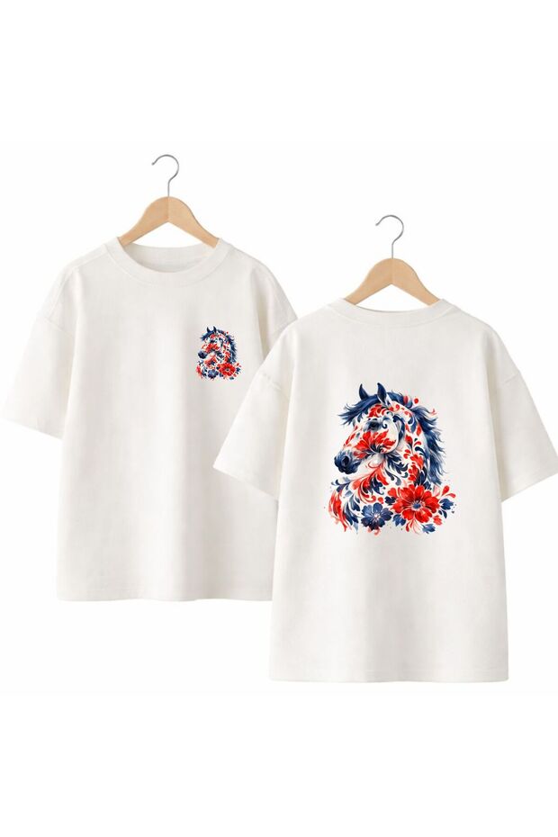 Blue Floral Horse Print on Back and Front Chest, 100% Cotton Oversize Loose Regular Fit Crew Neck T-Shirt