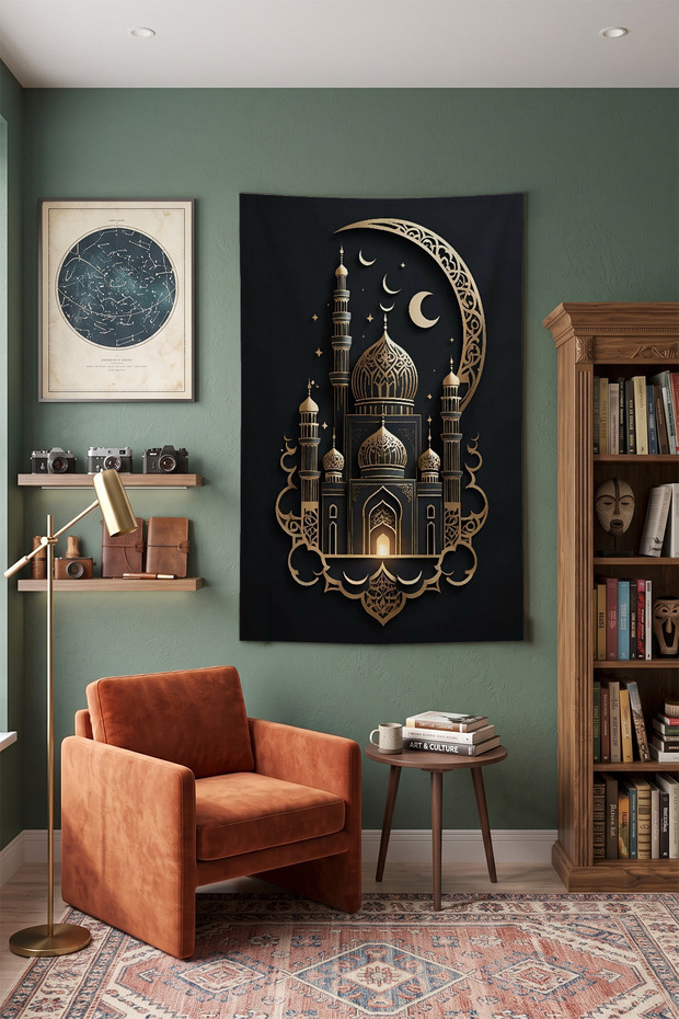 Islamic Mosque and Crescent Motif Wall Covering – Modern Decorative Quality Fabric Tapestry Wall Carpet