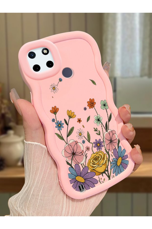 Realme C21Y Compatible Case Camera Protector Pink Silicone Couple Phone Case Floral Pattern