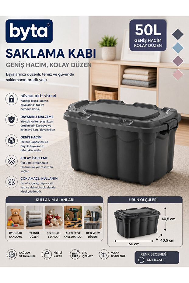 50 Liter Large Size Multi-Purpose Storage Box with Lid Durable Plastic Organizer