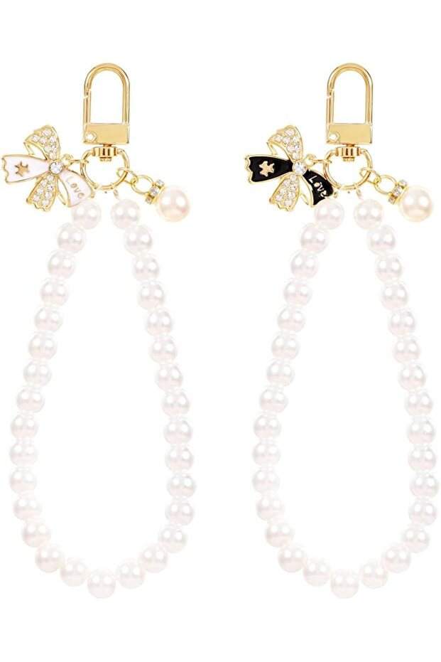 2 Pcs Pearl Phone Charm Butterfly Beaded Smartphone Bracelets Wrist Strap with Metal Buckle Cellphone Beaded