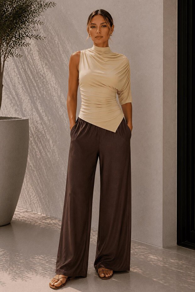 Asymmetrical Draped Single Sleeve Blouse