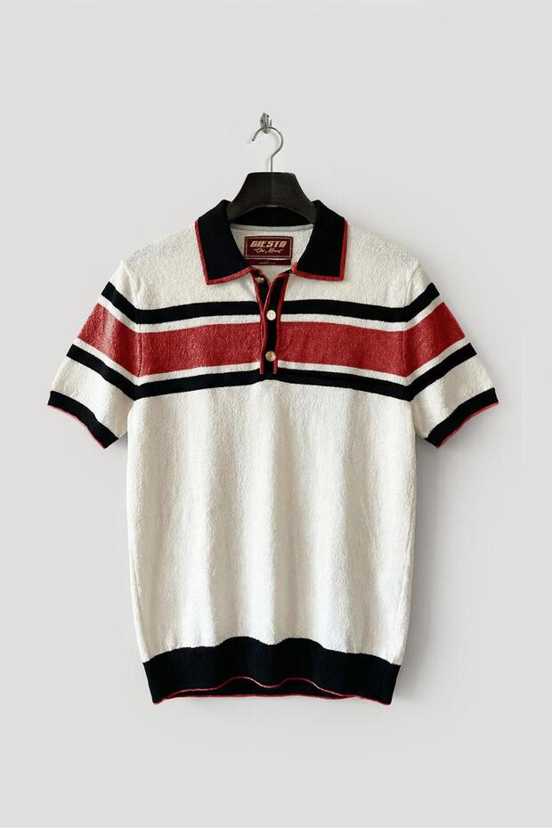 Gold Buttoned Striped Polo Collar Red Tricot T-Shirt