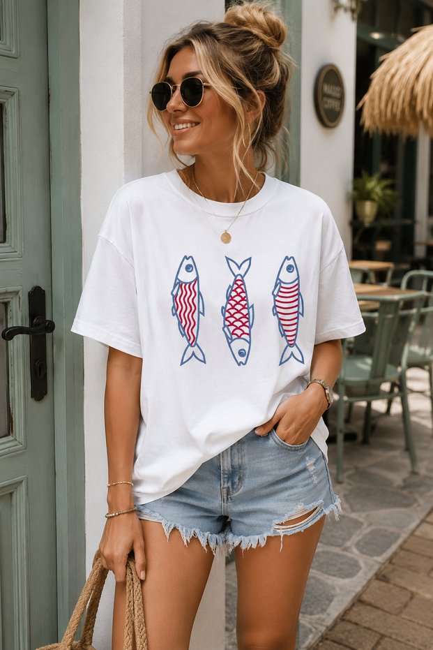 Three Fishes Printed Crew Neck Casual Unisex Oversize T-Shirt - Cotton Casual T-Shirt