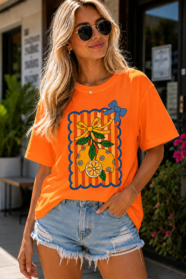 Lemon Pattern Printed Crew Neck Casual Unisex Oversize T-Shirt - Cotton Casual T-Shirt