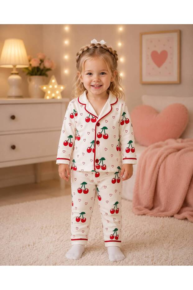 100% Cotton Long Sleeve Buttoned Seasonal Cherry Patterned Soft Textured Bottom and Top Baby Girl Pajama Set