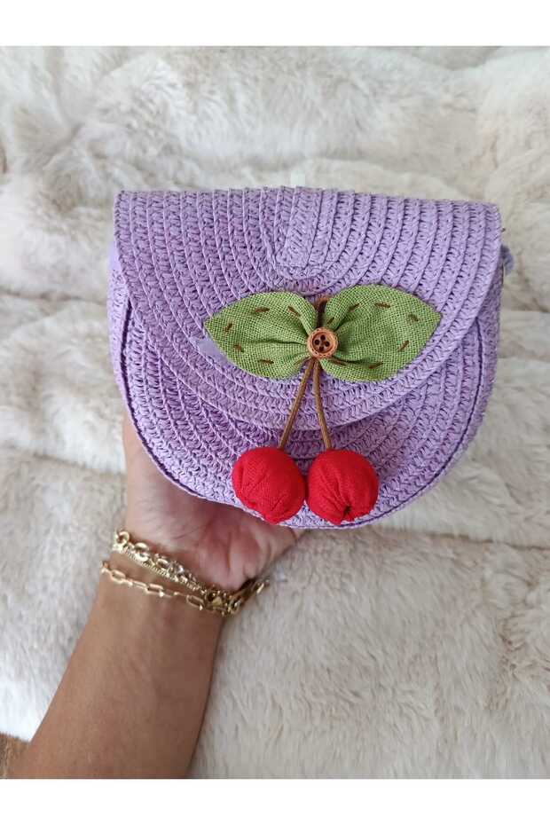 Girl's Half Moon Cherry Detailed Straw Crossbody Bag | Mini Summer Children's Bag