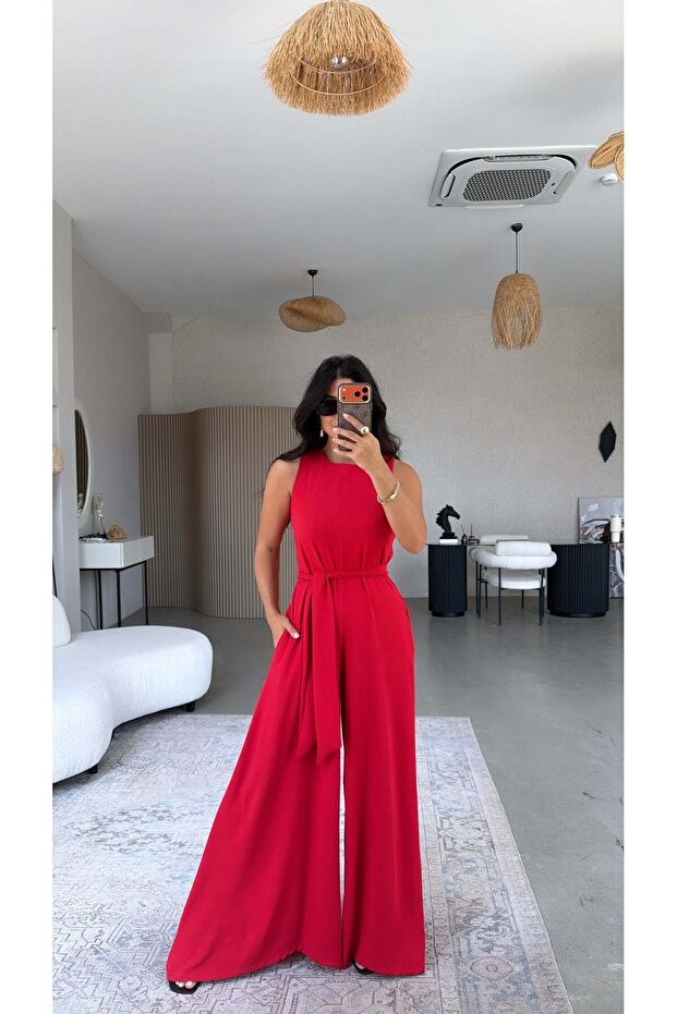 Red Flowy Loose Wide-Leg Belted Jumpsuit