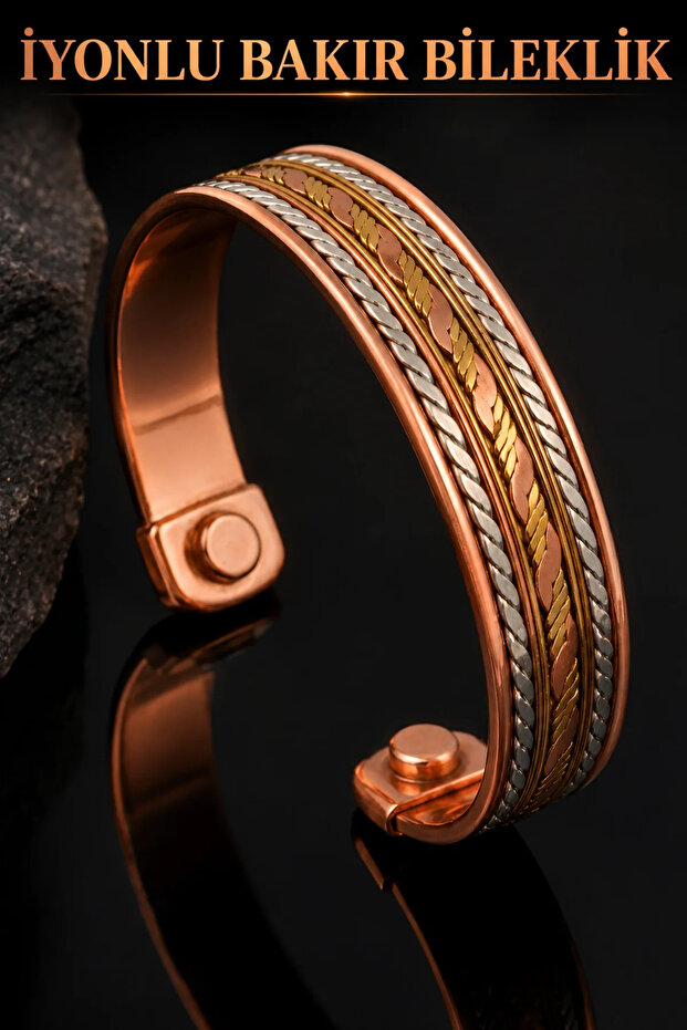Men's and Women's Copper Bracelet Thick Three-Color Leaf and Spiral Pattern Adjustable Ion Bracelet