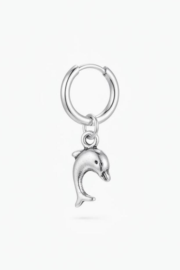 Unisex Silver Color Surgical Steel Dangle Dolphin Figured Hoop Earring 1 Piece