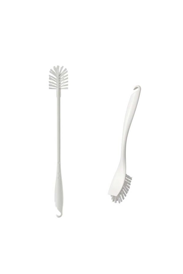 2-Piece White Kitchen Brush Set - Dish-Washing Brush with Scraper Edge & Long-Handle Bottle Brush