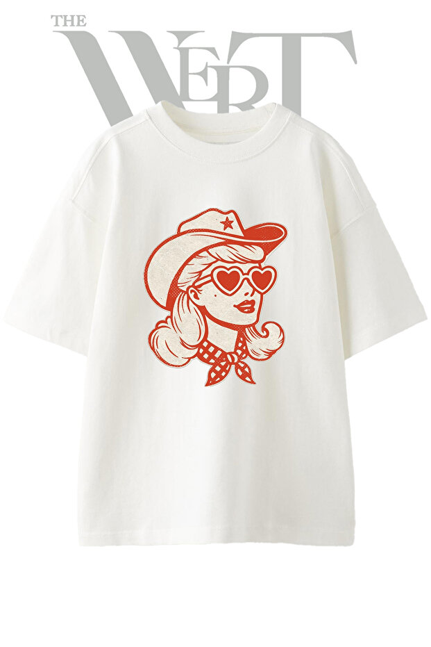 Retro Cowgirl Design Printed Unisex White Oversize T-Shirt