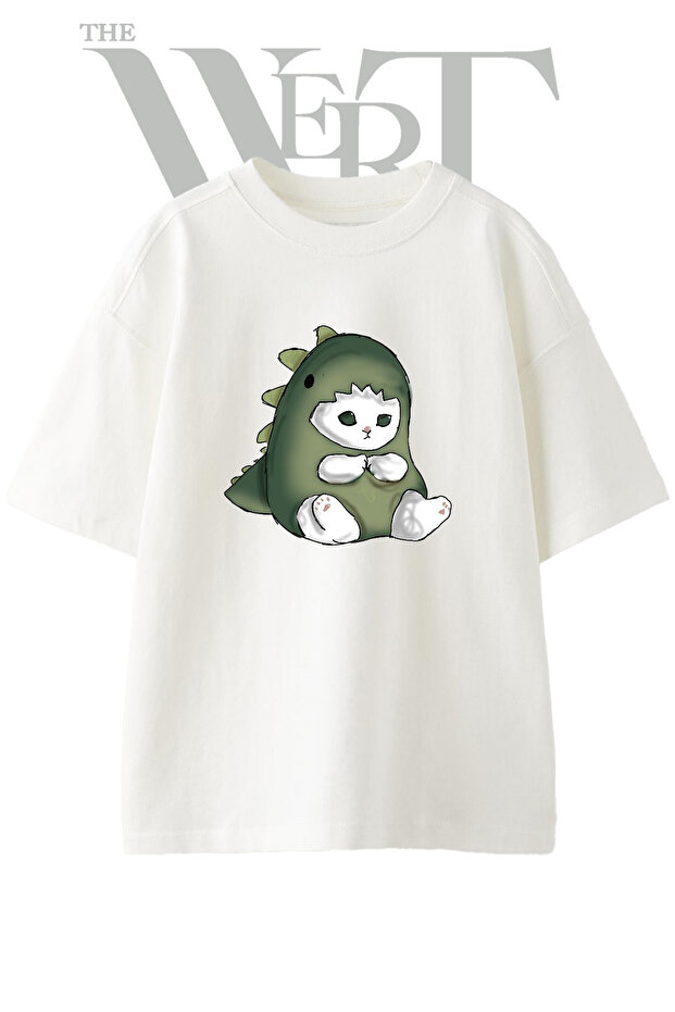 Dinosaur Cat Design Printed Unisex White Oversize T-Shirt