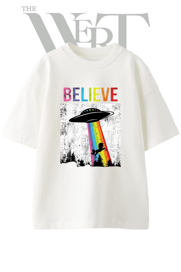 Ufo Unicorn Believe Design Printed Unisex White Oversize T-Shirt