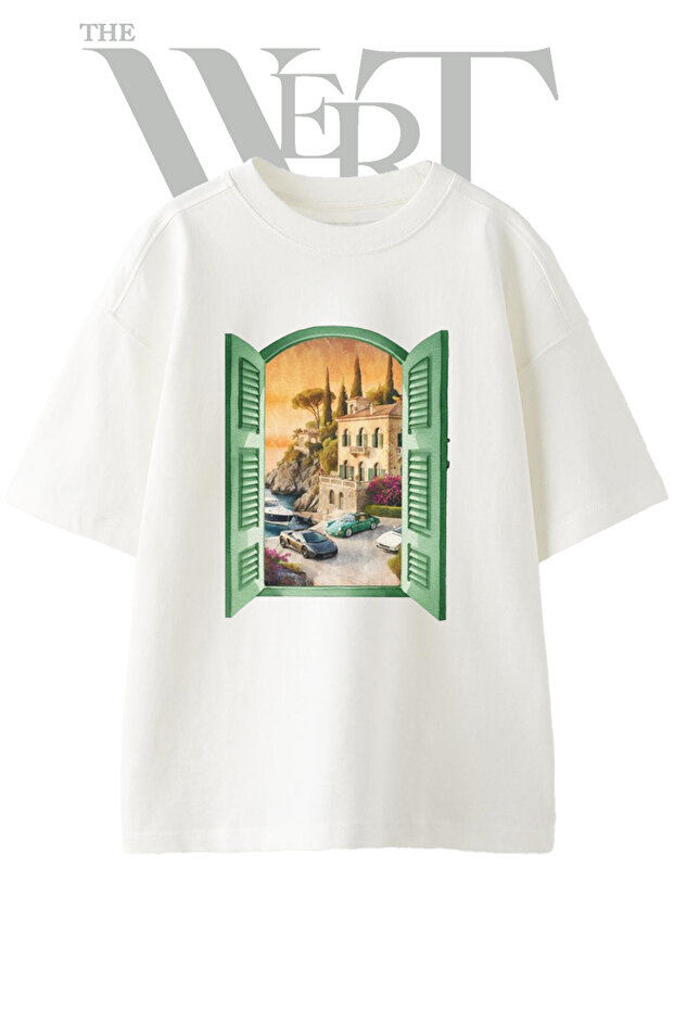 Luks Araba Villa Design Printed Unisex White Oversize T-Shirt