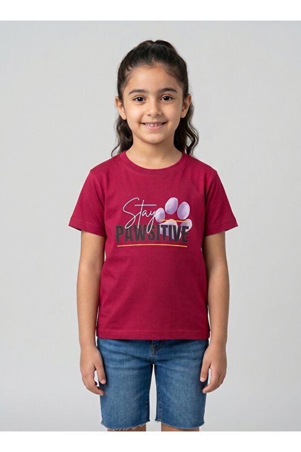 Girls Stay Pawsitive Maroon T-Shirt