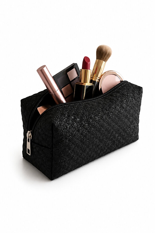 Navy Blue Glittery Quilted Makeup Bag Stylish and Organizing Travel Organizer