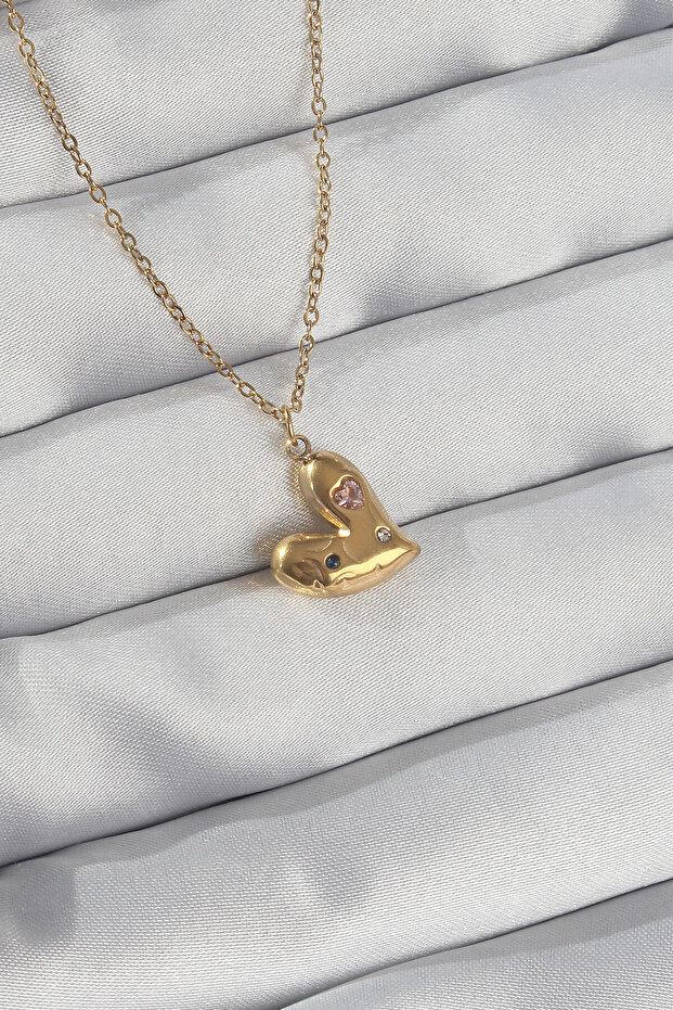 316L Steel Chain Gold Color Colorful Zircon Stone Heart Necklace