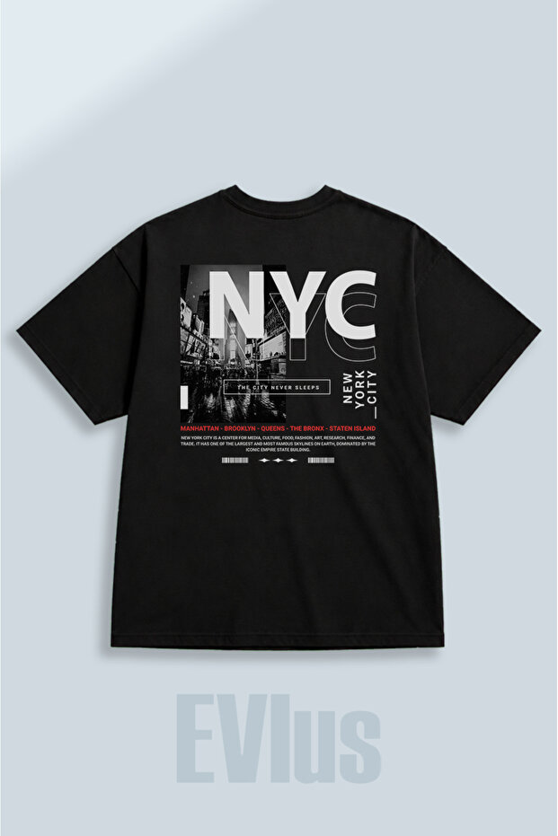 Oversize New York City Nyc Printed 100% Cotton Crew Neck Loose Fit Black T-Shirt