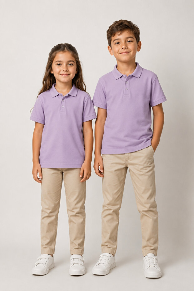 Unisex Girls Boys Lilac Polo Collar Buttoned Short Sleeve Cotton Basic T-Shirt Daily School Comfortable Cut T-Shirt