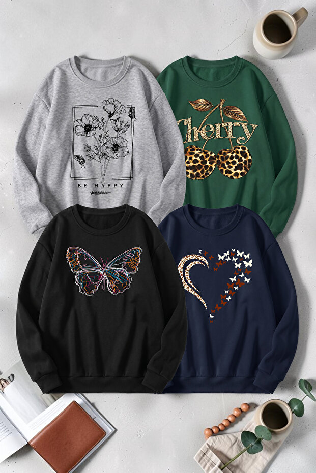 Unisex Mixed Printed Crew Neck Sweatshirt Set – Pack of 4