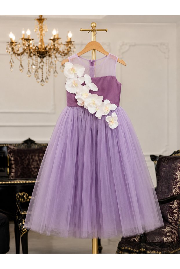 Orchid Detailed Lilac Tulle Children's Evening Dress - 31770