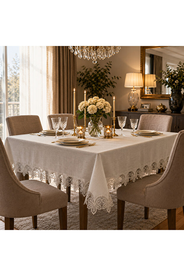 Ecru Lace Dowry Tablecloth | Custom Size | Living Room and Dining Table Cover - Boxed