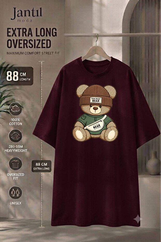Crew Neck Bear Print Extra Long Oversize Tunic T-Shirt with Beret and Bag Short Sleeve