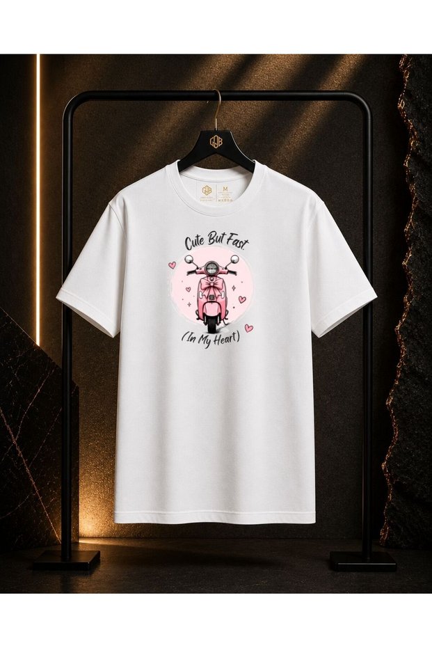 Unisex Cute but Fast Women's Motor Printed 100% Cotton Oversize Crew Neck Short Sleeve T-Shirt White