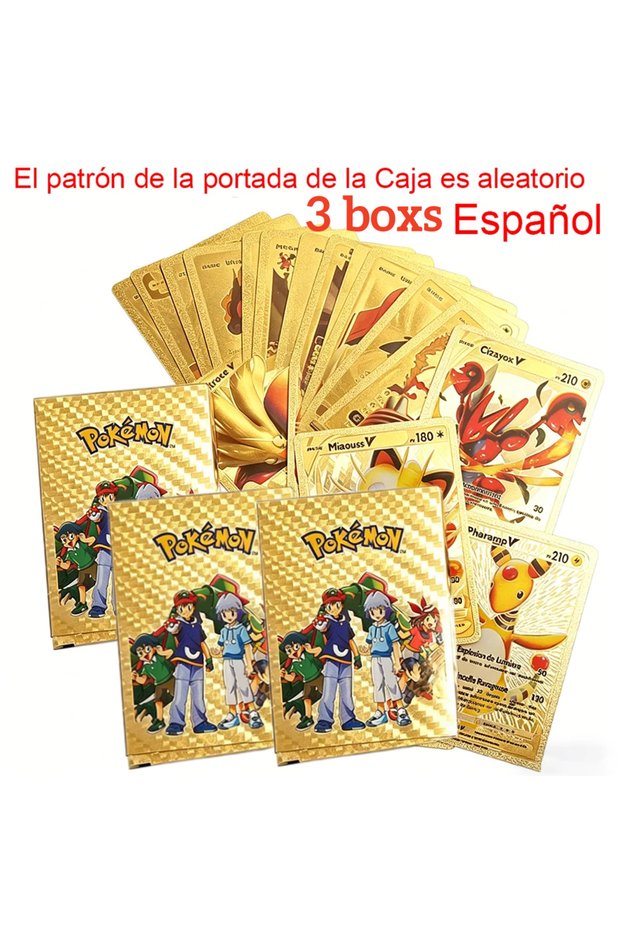 Bandai Spanish 3boxs Gold Pokémon Gold Foil Cards55PCS Golden Letters English Spanish Game Card Meta