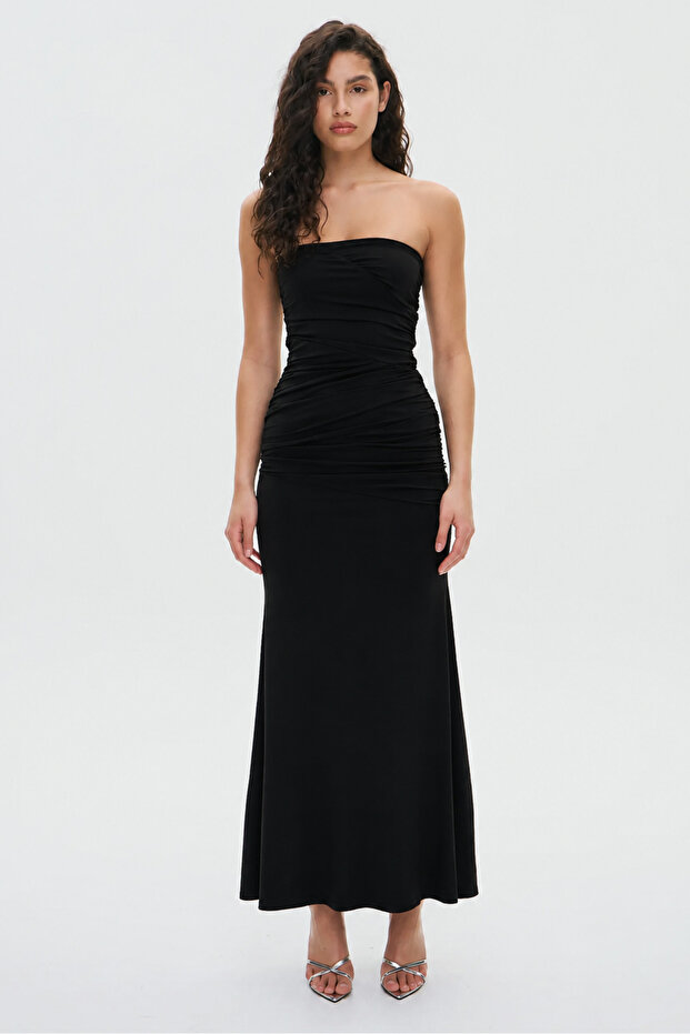Brown Draped Lined Strapless Long Dress
