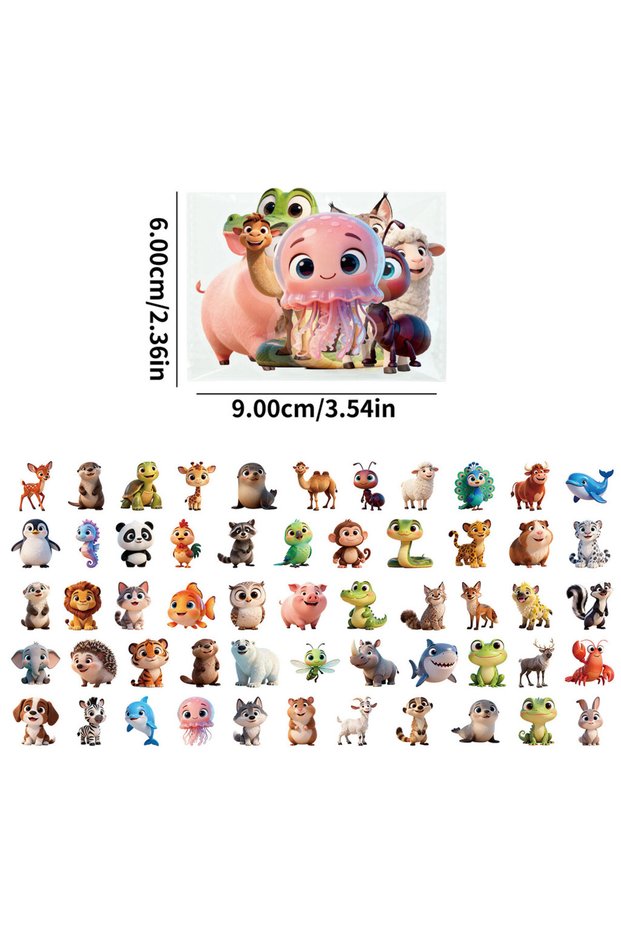 56PCS 56 Pcs New Cute Cartoon Animal Stickers - Transparent PET Kids Craft Decorative Decals Anime W