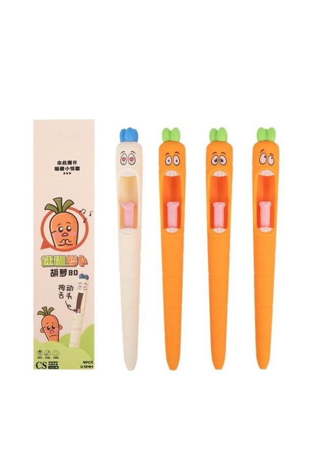 4Pcs-set Cute Cartoon Kawaii Pens Carrot Shaped Gel Pen Design Retractable Tongue Refill Black Ink