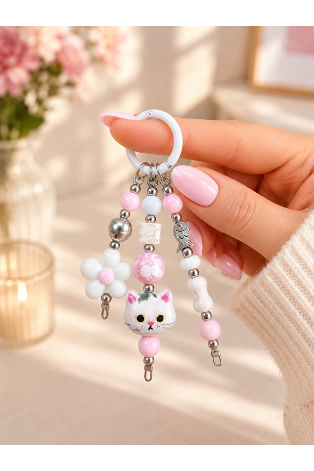 Pink Beaded, Cat and Fish Figured Keychain, Bag Accessory, Phone Charm