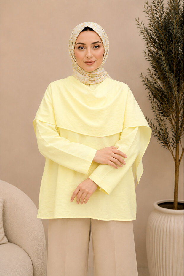 Oversize Modal Tunic with Detachable Cape Detail - Yellow