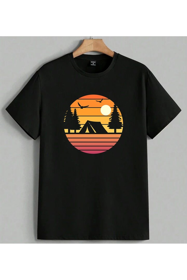 Kamp Dogasi Cizgi Seni Gunes Printed Unisex Oversize T-Shirt Black