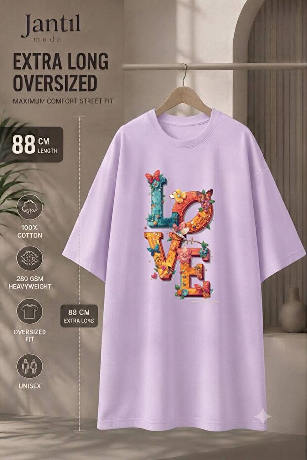 Crew Neck Butterfly and Floral Love Written Extra Long Oversize Tunic T-Shirt Short Sleeve