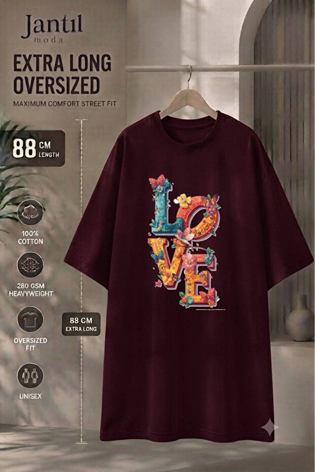 Crew Neck Butterfly and Floral Love Written Extra Long Oversize Tunic T-Shirt Short Sleeve