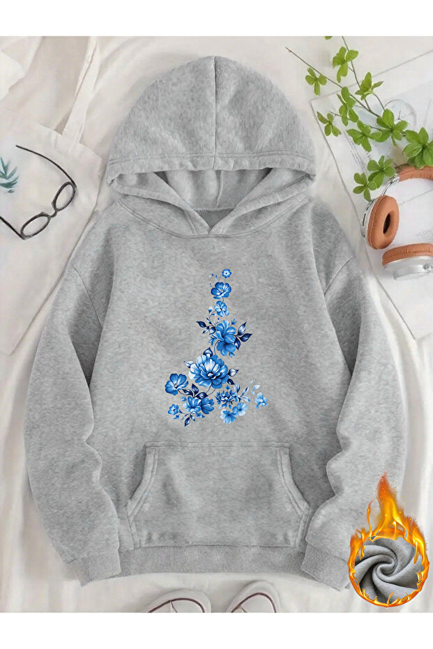 Unisex Blue Floral Printed Hooded Kangaroo Pocket Comfortable Fit Regular Cut Sweatshirt