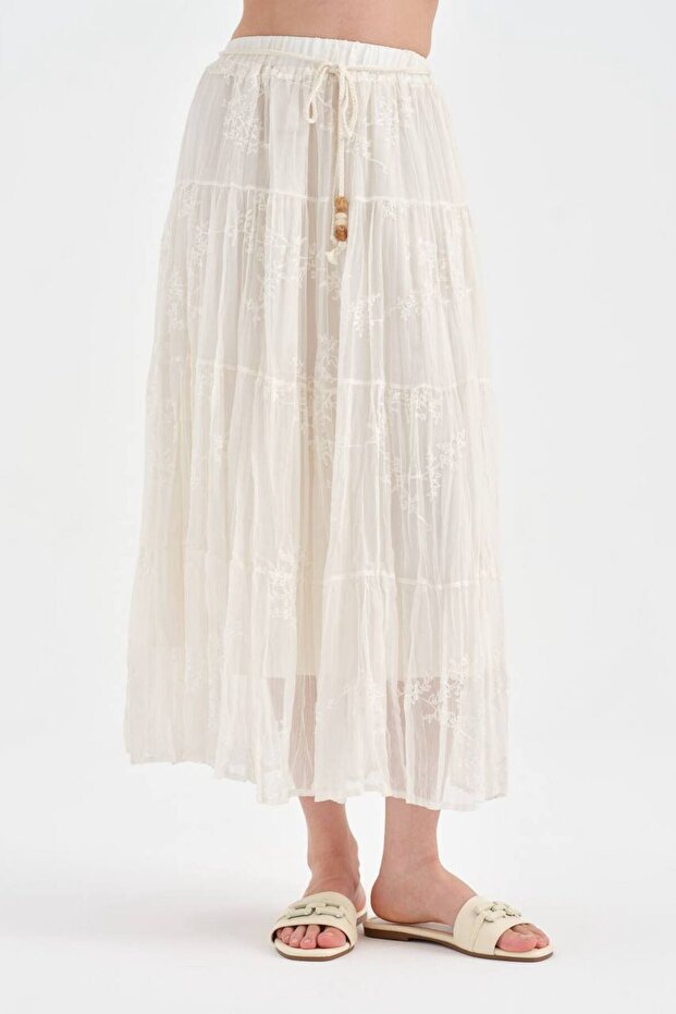 Women's beaded belted lined skirt with elastic waistband design