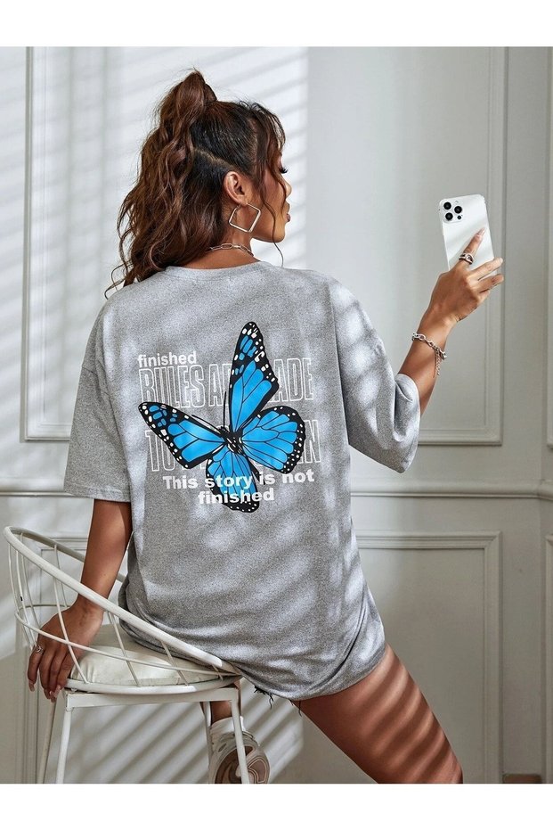 Women's Gray Butterfly Printed Oversize T-Shirt