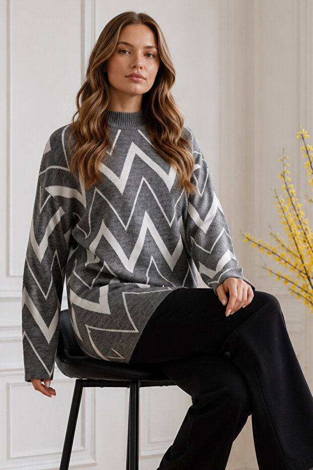 Zigzag Patterned Knitwear Tunic R7187 Anthracite
