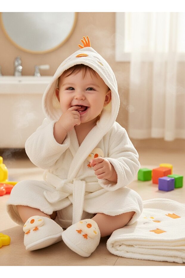 طقم رداء حمام للأطفال من الخيزران مع شكل كتكوت لطيف، مناسب للأعمار من 0 إلى 2 سنة، معبأ في صندوق.