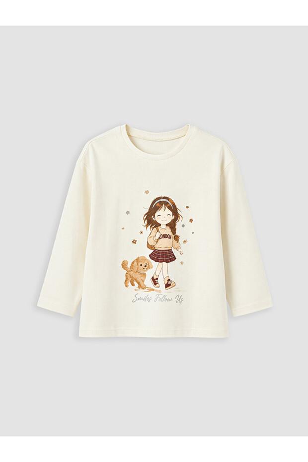 Ecru Crew Neck Printed Girls' T-Shirt