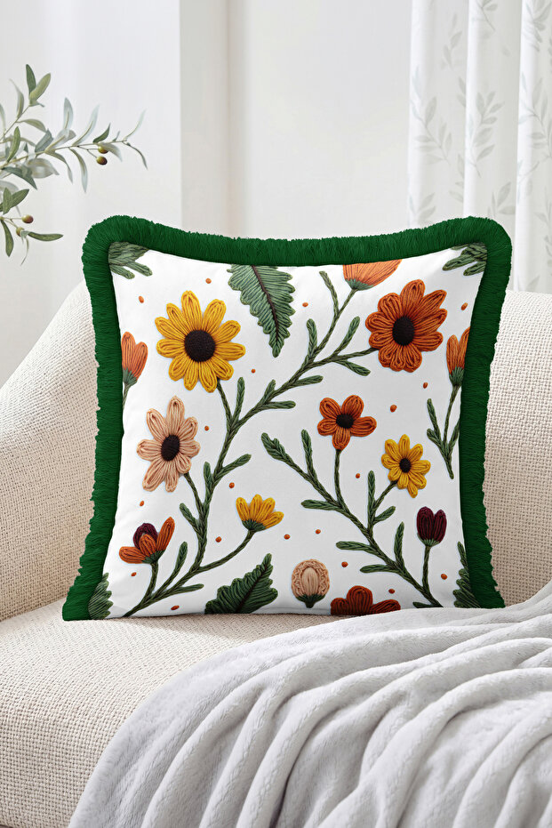 Embroidered Floral and Leaf Motif Fringed Throw Pillow Cover - Bohemian Tassel Pillowcase
