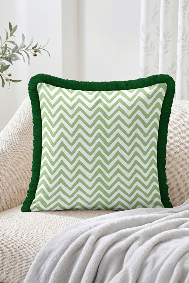 Zigzag Chevron Patterned Fringed Throw Pillow Cover - Modern Striped Decorative Pillowcase