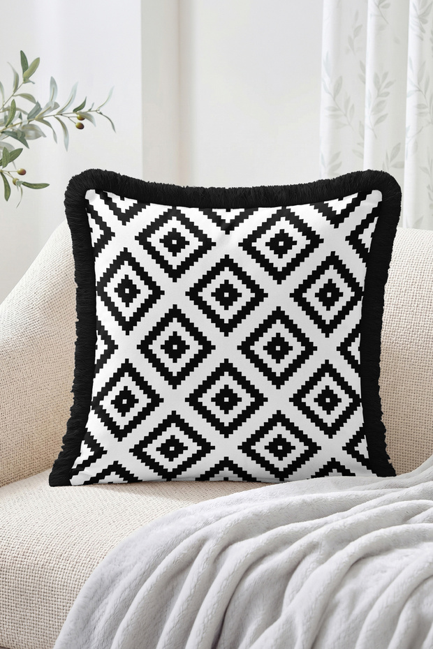Black and White Diamond Motif Ethnic Geometric Patterned Fringed Throw Pillow Cover - Modern Decorative Pillow