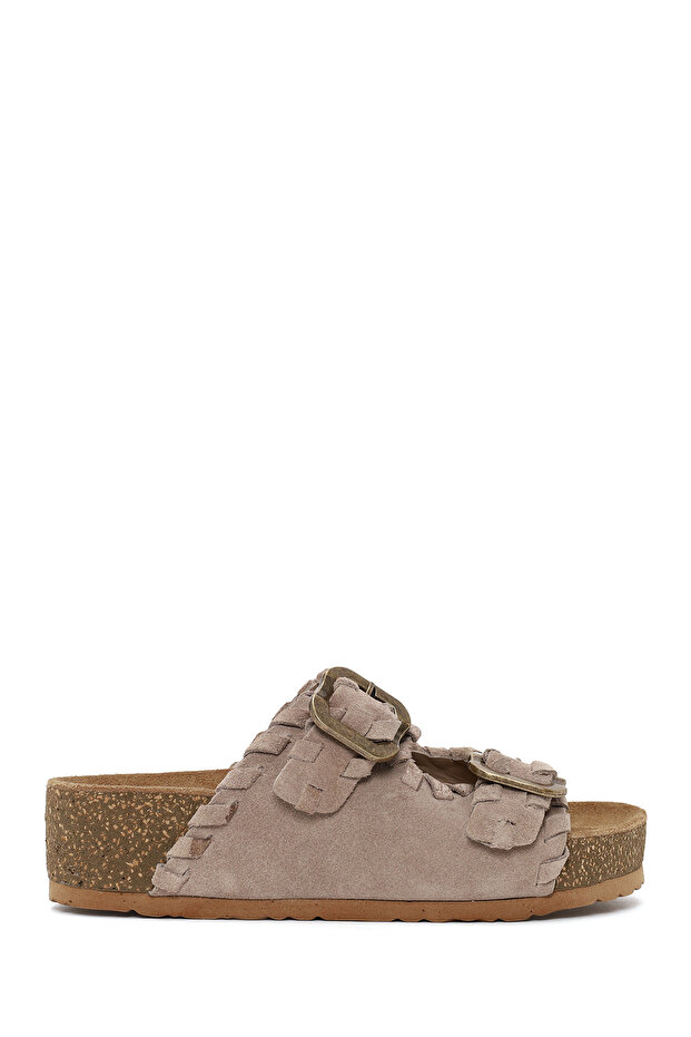 Women's Beige Double Buckle Thick Soled Suede Leather Slippers 26Sfd181210