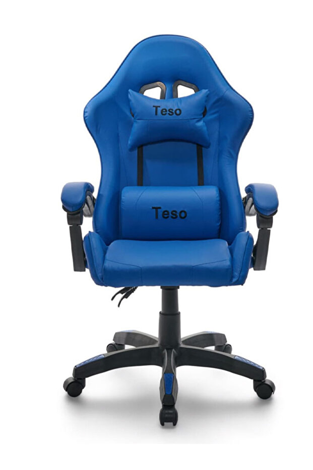 هذا كرسي ألعاب يتميز بلون أزرق ومسند ظهر مرتفع
